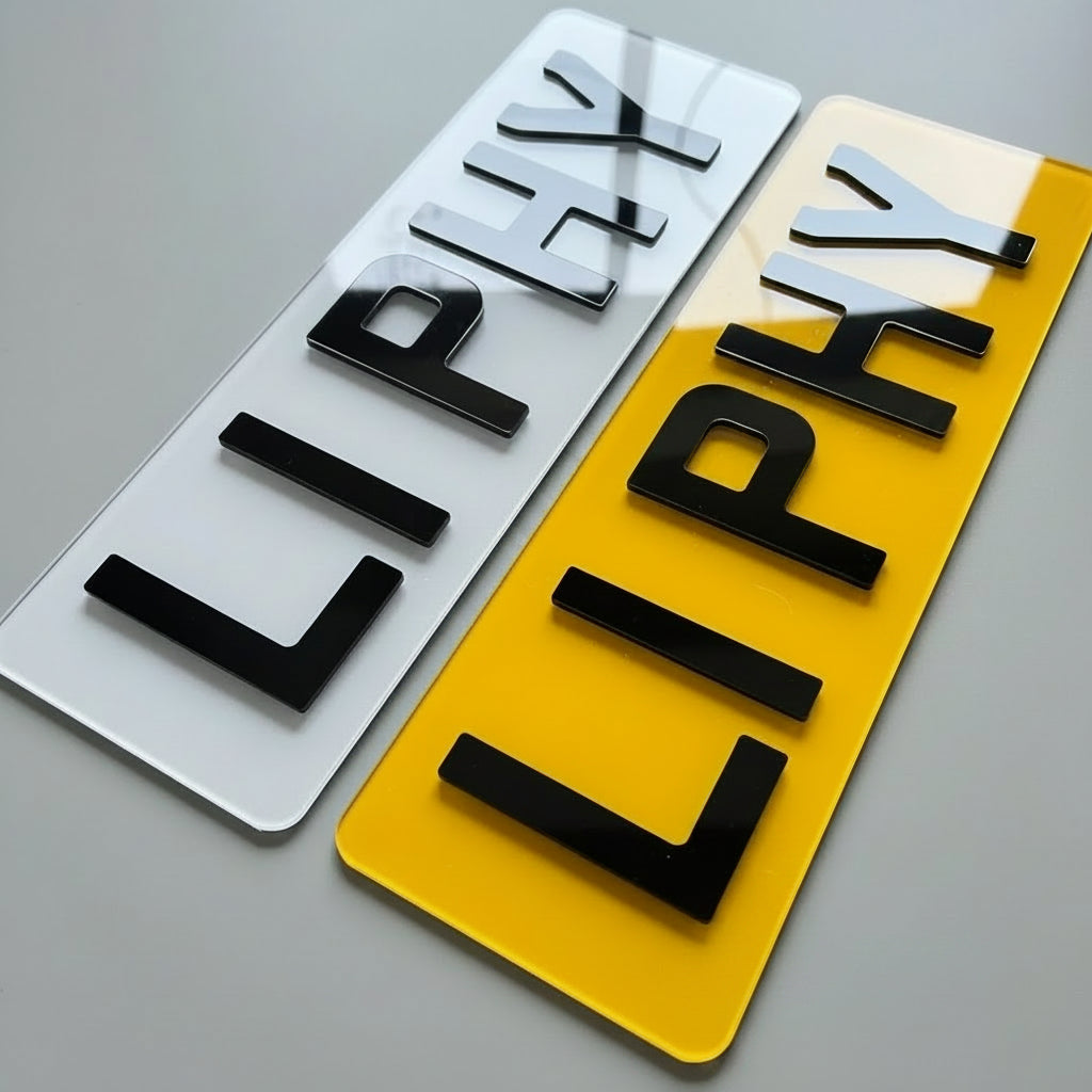 Two license plates with 'LI PHV' text on a textured surface, one white and one yellow, branded 'Creata Plate'.